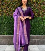 Roman silk pure hand work stitched kurta pant dupatta set