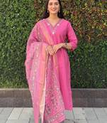 Roman silk pure hand work stitched kurta pant dupatta set