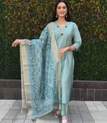 Roman silk pure hand work stitched kurta pant dupatta set