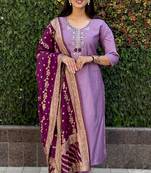 Roman silk pure hand work stitched kurta pant dupatta set 