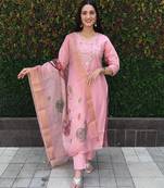 Roman silk pure hand work stitched kurta pant dupatta set 