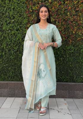 Roman silk pure hand work stitched kurta pant dupatta set  1