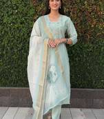 Roman silk pure hand work stitched kurta pant dupatta set 