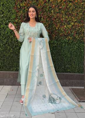 Roman silk pure hand work stitched kurta pant dupatta set  2