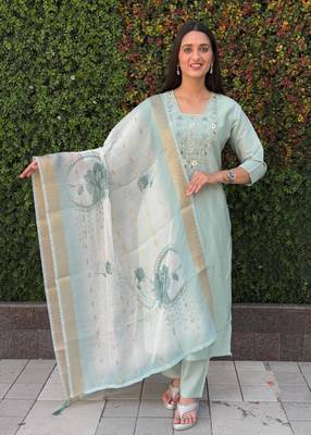 Roman silk pure hand work stitched kurta pant dupatta set  3