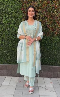 Roman silk pure hand work stitched kurta pant dupatta set  4