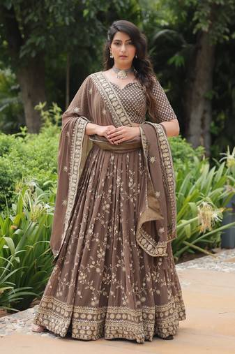 Heavy Sequins & Thread Embroidered work Faux Georgette Lehenga Choli With Blouse & Dupatta 