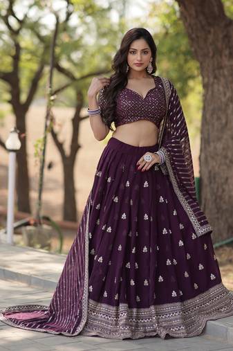 Heavy Sequins & Thread Embroidered work Faux Georgette Lehenga Choli With Blouse & Dupatta 