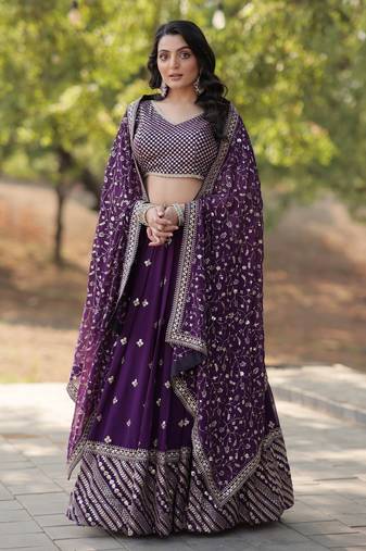 Heavy Sequins & Thread Embroidered work Faux Georgette Lehenga Choli With Blouse & Dupatta 