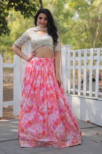 Heavy Sequins & Thread Embroidered work Faux Georgette Lehenga Choli With Blouse & Dupatta 