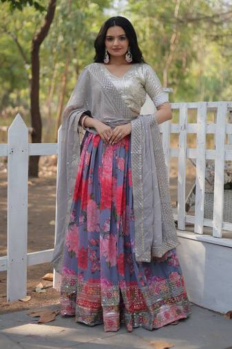 Heavy Sequins & Thread Embroidered work Faux Georgette Lehenga Choli With Blouse & Dupatta 