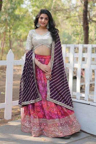 Heavy Sequins & Thread Embroidered work Faux Georgette Lehenga Choli With Blouse & Dupatta 