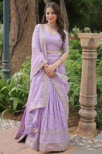Golden Embroidered Sequins Work Pure Viscose Jacquard Lehenga Choli With Blouse & Dupatta 