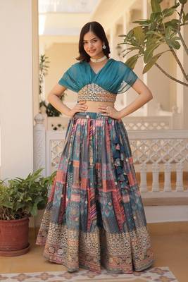 Digital Printed With Foil Embroidery Work Russian Silk Lehenga Choli With Blouse  1