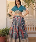 Digital Printed With Foil Embroidery Work Russian Silk Lehenga Choli With Blouse 
