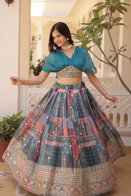 Digital Printed With Foil Embroidery Work Russian Silk Lehenga Choli With Blouse  2