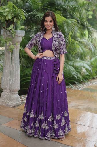 Heavy Sequins Embroidered work Heavy Chinon Lehenga Choli With Blouse & Koti 