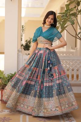 Digital Printed With Foil Embroidery Work Russian Silk Lehenga Choli With Blouse  3