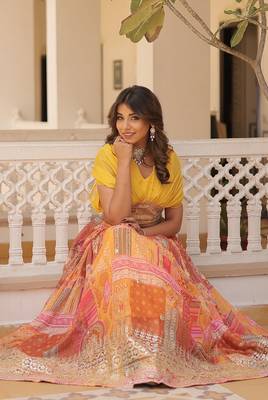 Digital Printed With Foil Embroidery Work Russian Silk Lehenga Choli With Blouse  1