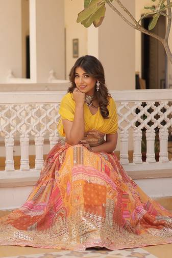 Digital Printed With Foil Embroidery Work Russian Silk Lehenga Choli With Blouse 