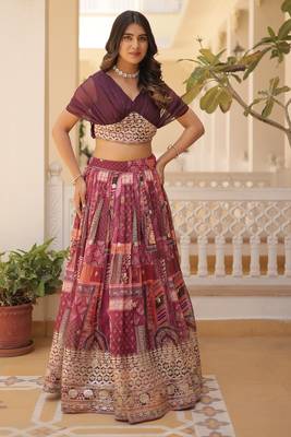 Digital Printed With Foil Embroidery Work Russian Silk Lehenga Choli With Blouse  1
