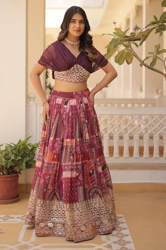 Digital Printed With Foil Embroidery Work Russian Silk Lehenga Choli With Blouse 