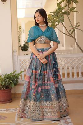 Digital Printed With Foil Embroidery Work Russian Silk Lehenga Choli With Blouse  4