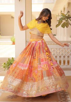 Digital Printed With Foil Embroidery Work Russian Silk Lehenga Choli With Blouse  2