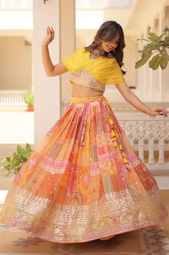Digital Printed With Foil Embroidery Work Russian Silk Lehenga Choli With Blouse 