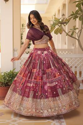 Digital Printed With Foil Embroidery Work Russian Silk Lehenga Choli With Blouse  2