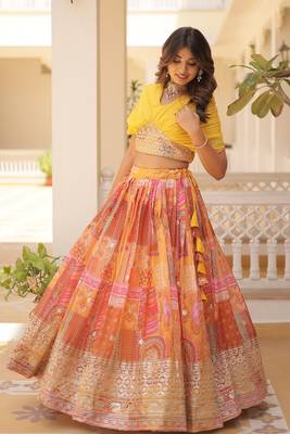 Digital Printed With Foil Embroidery Work Russian Silk Lehenga Choli With Blouse  3