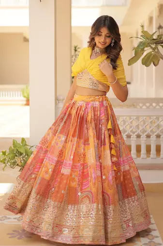 Digital Printed With Foil Embroidery Work Russian Silk Lehenga Choli With Blouse 