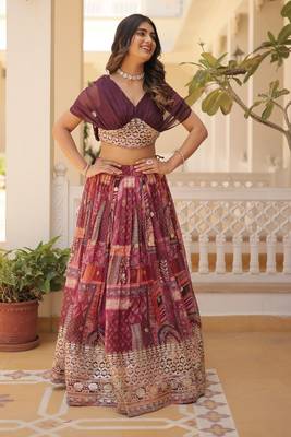 Digital Printed With Foil Embroidery Work Russian Silk Lehenga Choli With Blouse  3