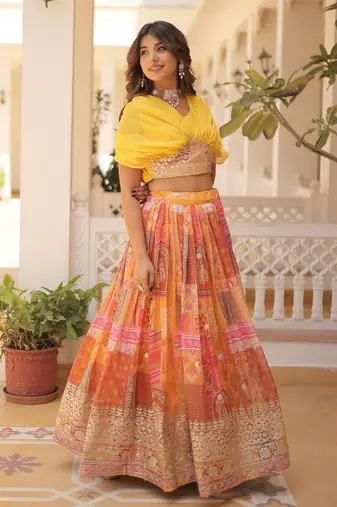Digital Printed With Foil Embroidery Work Russian Silk Lehenga Choli With Blouse 