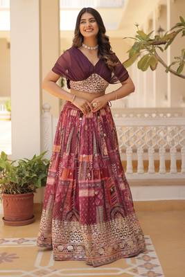 Digital Printed With Foil Embroidery Work Russian Silk Lehenga Choli With Blouse  4