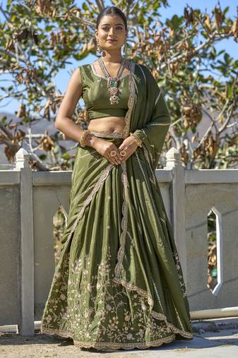 Embroidered Heavy Chinon Lehenga Choli With Blouse & Dupatta 