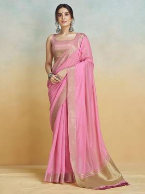 Pink Striped Zari art Silk Saree With Blouse For Women 1