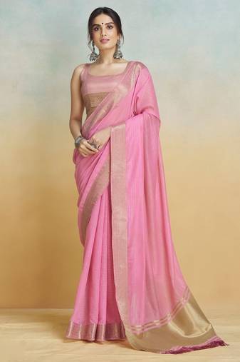 Pink Striped Zari art Silk Saree With Blouse For Women