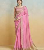 Pink Striped Zari art Silk Saree With Blouse For Women