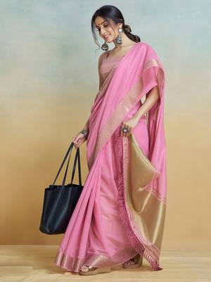 Pink Striped Zari art Silk Saree With Blouse For Women 2