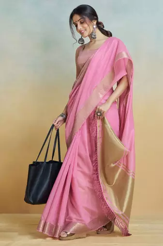 Pink Striped Zari art Silk Saree With Blouse For Women