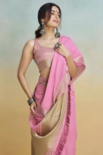 Pink Striped Zari art Silk Saree With Blouse For Women