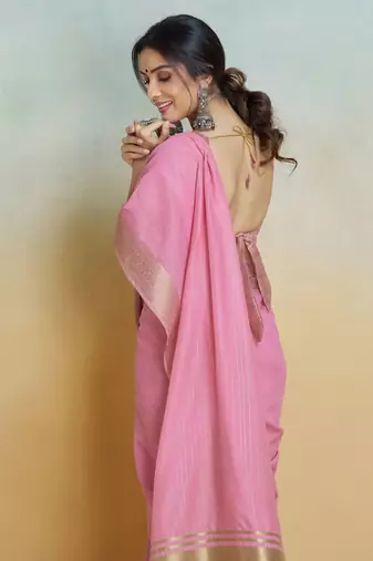 Pink Striped Zari art Silk Saree With Blouse For Women