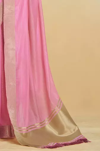 Pink Striped Zari art Silk Saree With Blouse For Women