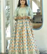 Printed with zari weaving border soft silk gown with koti 
