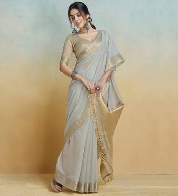 Grey Striped Zari Art Silk Saree With Blouse For Women 1