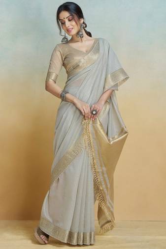Grey Striped Zari Art Silk Saree With Blouse For Women