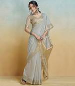 Grey Striped Zari Art Silk Saree With Blouse For Women