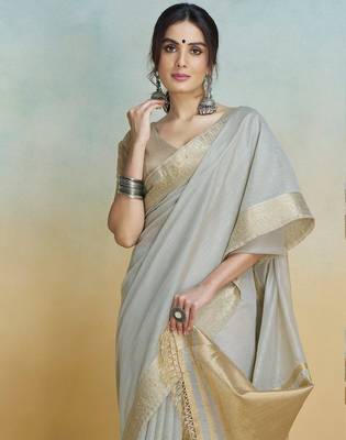 Grey Striped Zari Art Silk Saree With Blouse For Women 2