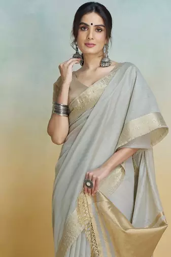 Grey Striped Zari Art Silk Saree With Blouse For Women